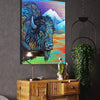 Colorful painting of a bison on a wall above a wooden cabinet with decorative items.