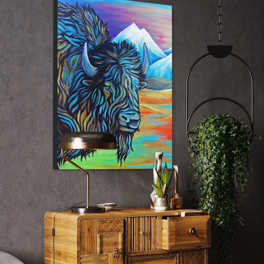 Colorful painting of a bison on a wall above a wooden cabinet with decorative items.