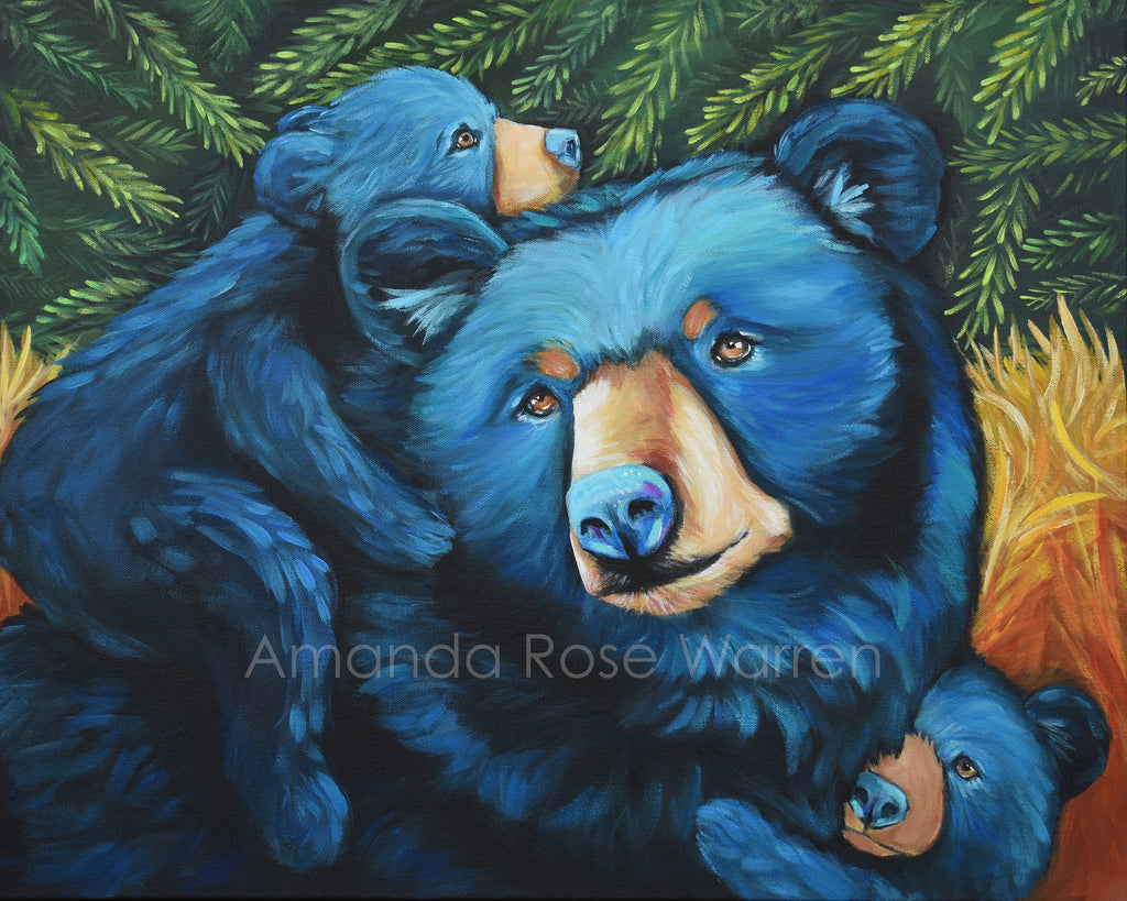 Painting of a blue bear with three cubs against a green and orange foliage background