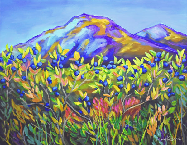 Colorful painting of a mountain landscape with blueberries and green foliage.