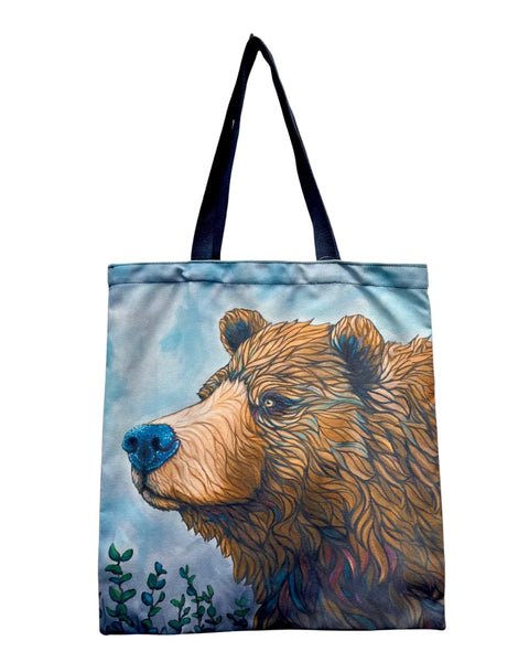 Brown bear canvas tote bag inspired by Alaska wildlife, featuring a strong watchful bear in an artistic nature design