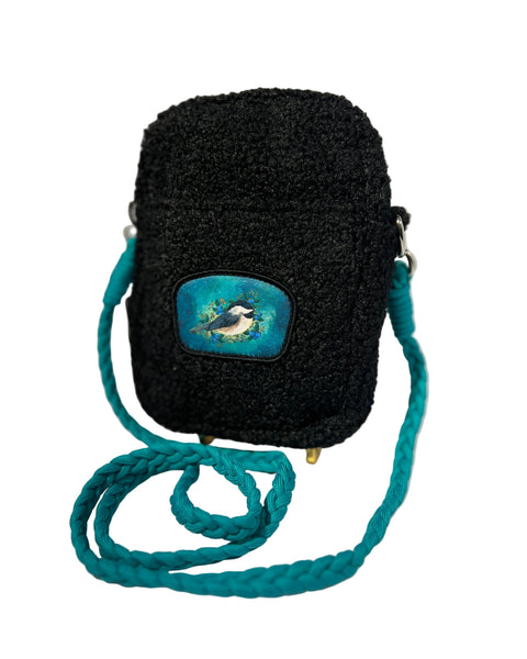 Chickadee black Sherpa crossbody bag featuring Alaska bird design, soft cozy bag with detailed chickadee wildlife artwork