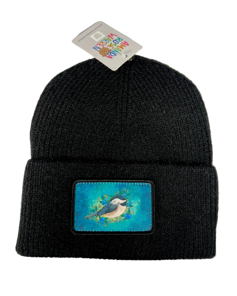 Chickadee ribbed black beanie featuring an Alaska bird design, cozy knit hat with a detailed chickadee illustration