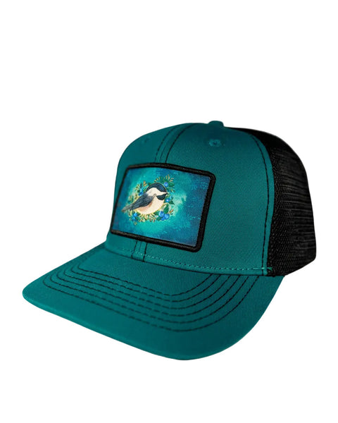 Chickadee teal trucker hat featuring Alaska bird design, adjustable mesh cap with detailed chickadee wildlife artwork