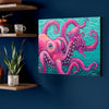 Colorful octopus painting on a blue wall with a plant and shelf in the background