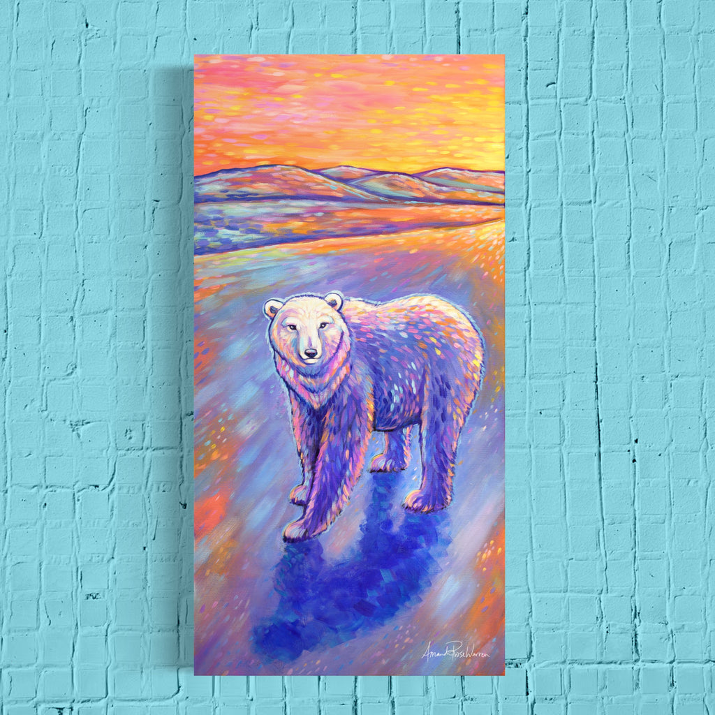 Painting of a polar bear on a colorful abstract background