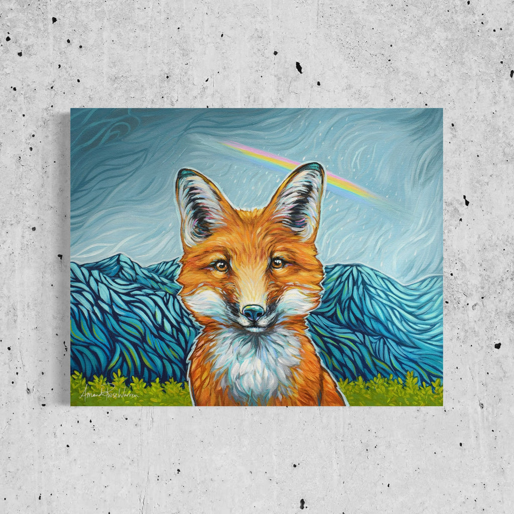 Painting of a fox with mountains and a rainbow in the background on a textured wall.