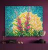 Colorful abstract painting with fireweed pink flowers on a purple wall
