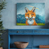 Painting of a fox on a wall above a blue cabinet with decorative items.