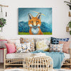 Living room with a fox painting on the wall above a sofa with colorful pillows.