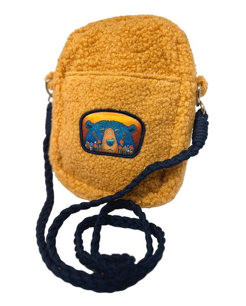 Fun Guy Bear light brown Sherpa crossbody bag featuring Alaska bear design, soft cozy bag with playful wildlife-inspired artwork