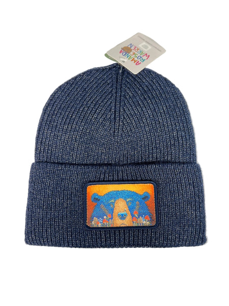 Fun Guy Fungi Bear ribbed navy beanie featuring Alaska bear design, cozy knit hat with playful wildlife-inspired artwork