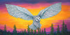 Painting of a white owl flying over a forest with a colorful sunset sky.
