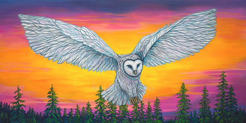 Painting of a white owl flying over a forest with a colorful sunset sky.