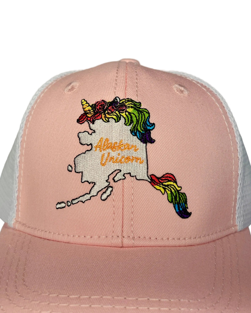Kids unicorn trucker hat with Alaska Unicorn design, fun fantasy-themed cap featuring bright magical animal illustration