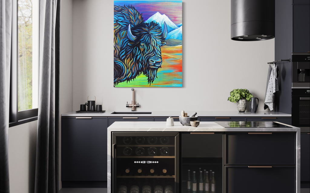 Modern kitchen with a colorful painting of a bison on the wall.