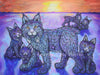 Colorful illustration of a mother lynx with her kittens against a sunset sky.