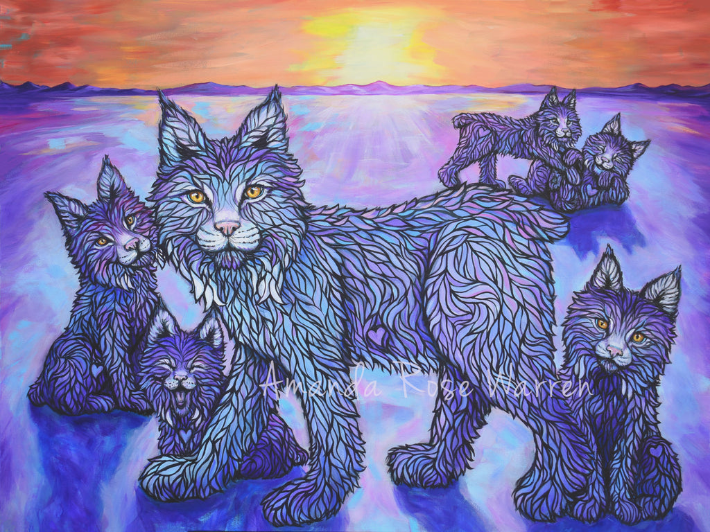 Colorful illustration of a mother lynx with her kittens against a sunset sky.