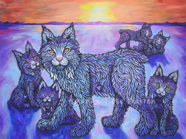 Colorful illustration of a mother lynx with her kittens against a sunset sky.