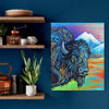 Colorful painting of a bison on a wall next to wooden shelves with decor items.