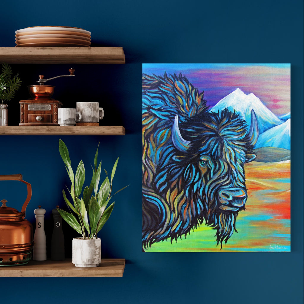 Colorful painting of a bison on a wall next to wooden shelves with decor items.
