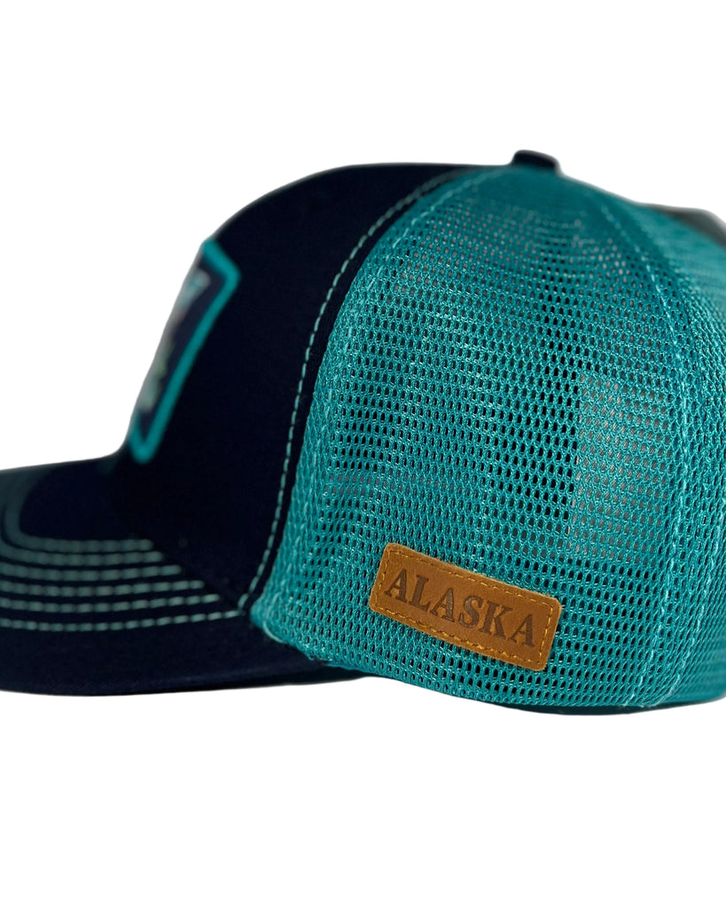 Navy AK Vibin trucker hat with Alaska theme, lightweight adjustable mesh cap designed for everyday casual wear