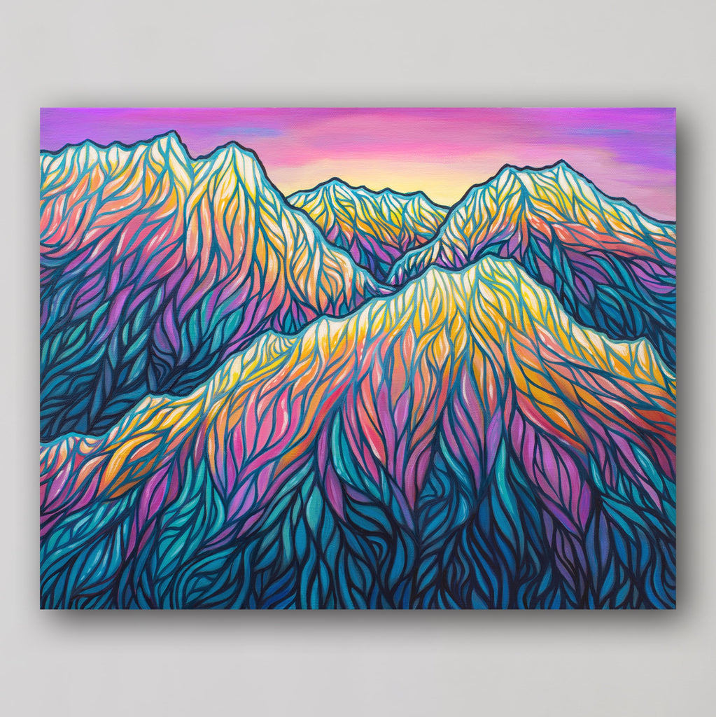 Colorful mountain landscape painting on a pink and blue background