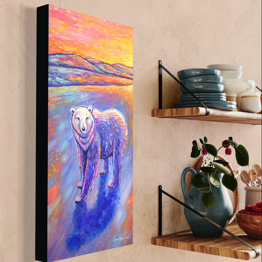 Colorful painting of a bear on a wall next to a shelf with kitchen items.