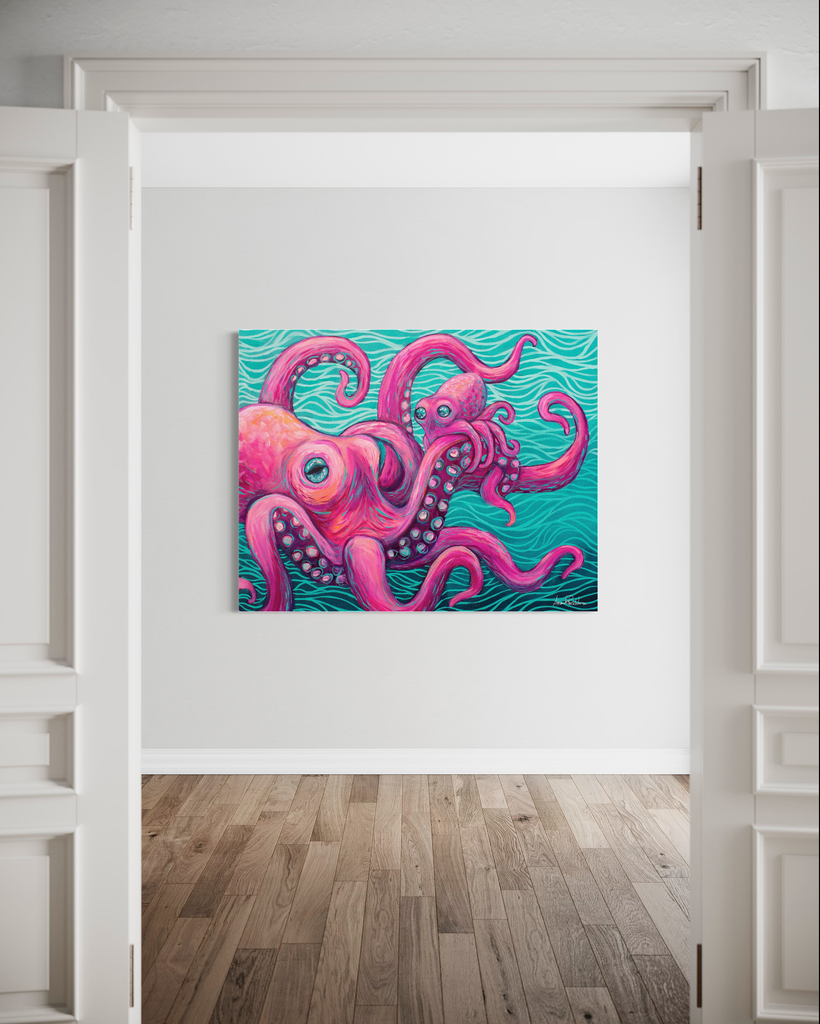 Colorful octopus family painting on a wall in a room with wooden flooring.