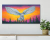 Painting of an owl flying over a forest with a colorful sunset background on a wall above a shelf.