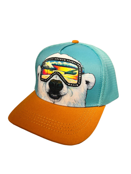 Polarized polar bear trucker hat featuring Alaska Arctic wildlife design, adjustable mesh cap with bold polar bear artwork