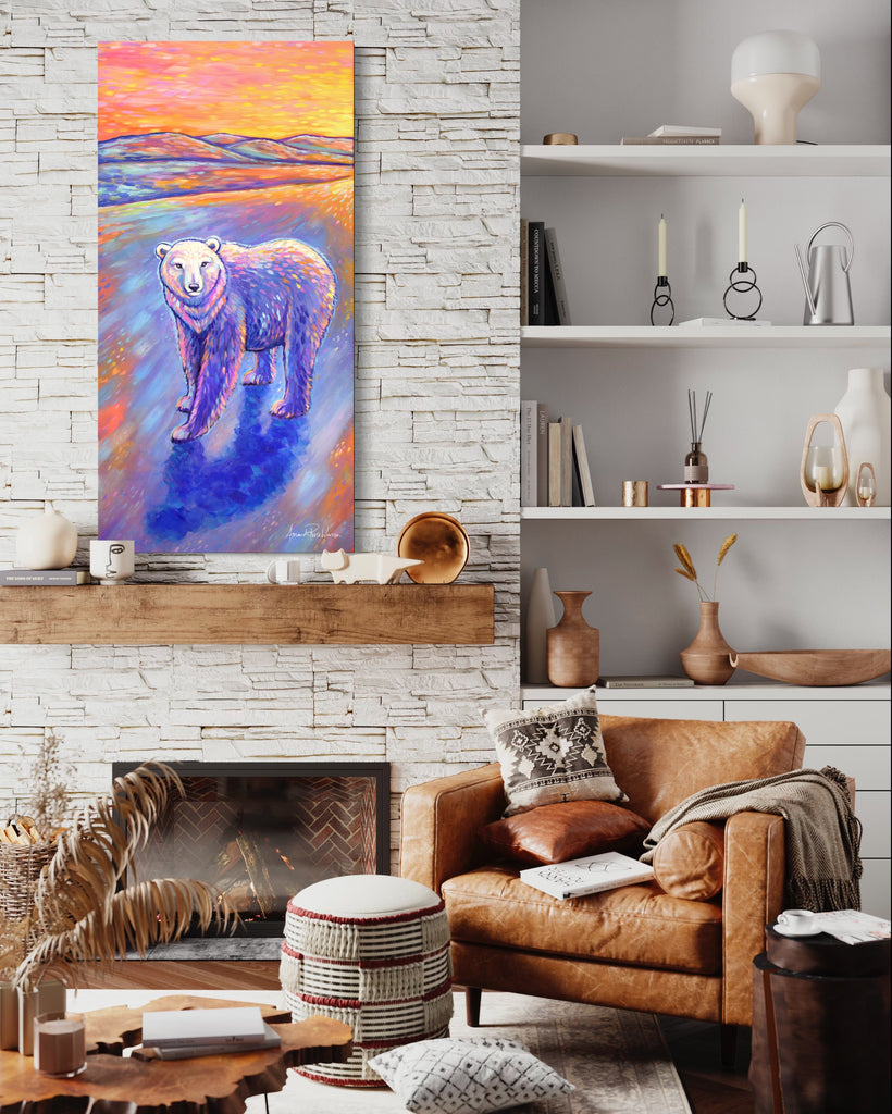 Living room with a painting of a bear on the wall, brown leather sofa, and decorative shelves.