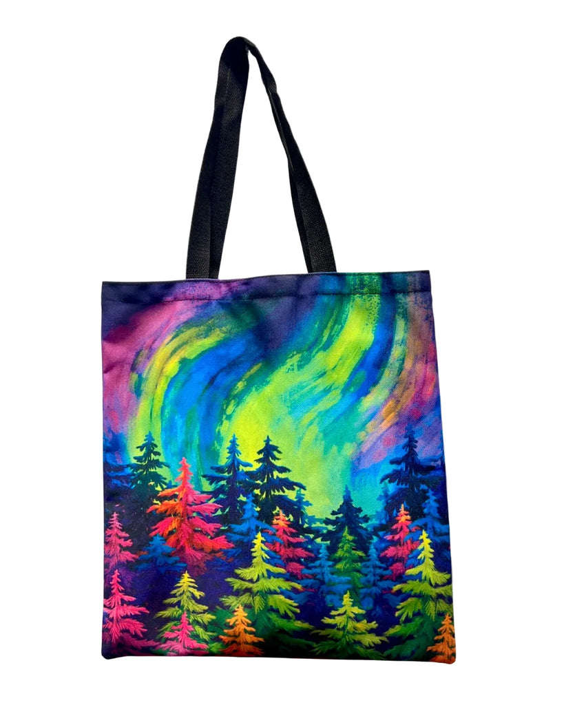 Rainbow forest canvas tote bag inspired by Alaska, featuring mystical colorful trees in a dreamy artistic design