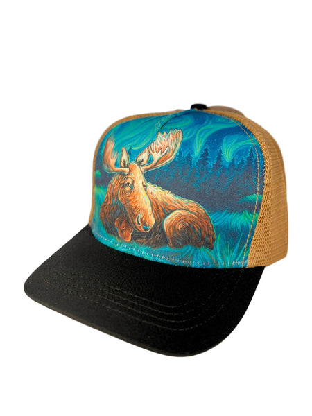Restful Night Aurora Moose trucker hat featuring Alaska moose under northern lights, adjustable mesh cap with scenic night wildlife design