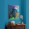 Colorful painting of a bison on a blue wall above a wooden console table with decorative items.
