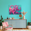 Living room with a pink octopus artwork on a teal wall, pink chair, and decorative items.