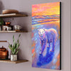 Colorful painting of a bear on a wall next to a shelf with decorative items.