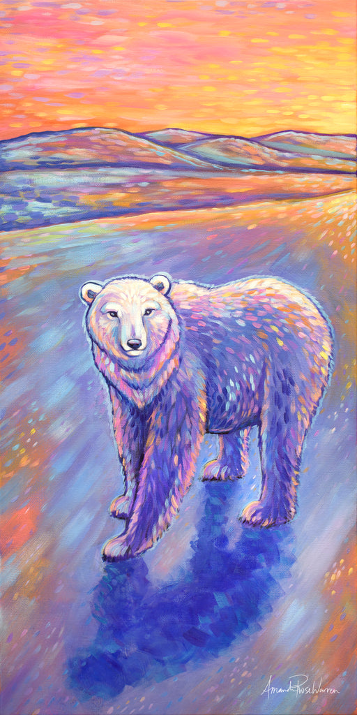 Colorful painting of a polar bear standing on a path with a vibrant landscape.