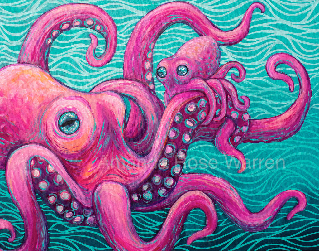Colorful octopus family illustration on a teal background