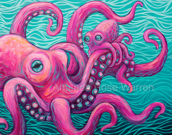 Colorful octopus family illustration on a teal background