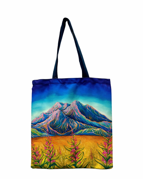 Sunlit Denali canvas tote bag featuring Alaska mountain landscape with warm sunlight, fireweed, and scenic nature design