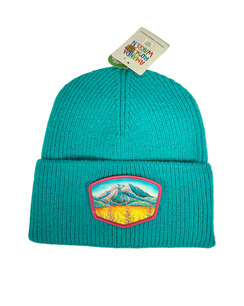 Sunlit Denali ribbed teal beanie featuring an Alaska mountain landscape with warm sunlight, cozy knit hat with scenic nature design