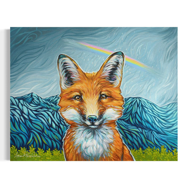 Painting of a fox with mountains and a rainbow in the background