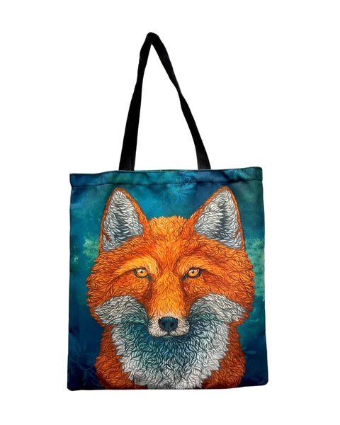 Alaska fox canvas tote bag with focused fox gaze, detailed wildlife illustration in warm natural tones and artistic design