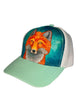 Tenacious Gaze Fox kids trucker hat featuring Alaska fox wildlife design, adjustable mesh cap with bold animal artwork