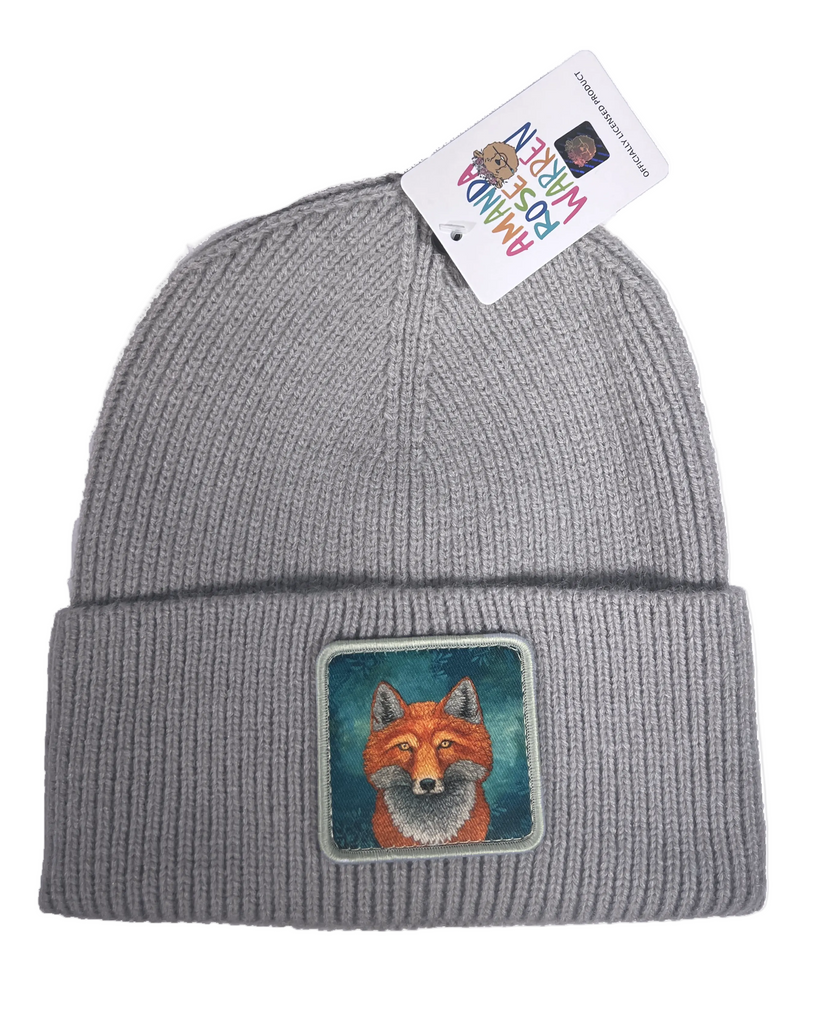 Tenacious Gaze Fox ribbed gray beanie featuring an Alaska fox wildlife design, cozy knit hat with detailed alert fox illustration