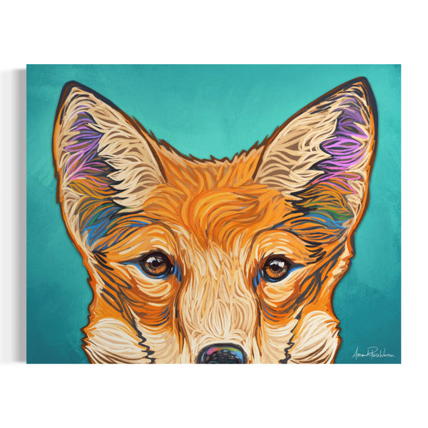 Colorful painting of a fox's face on a teal background