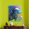 Colorful painting of a bison on a green wall above a wooden cabinet with decorative items.