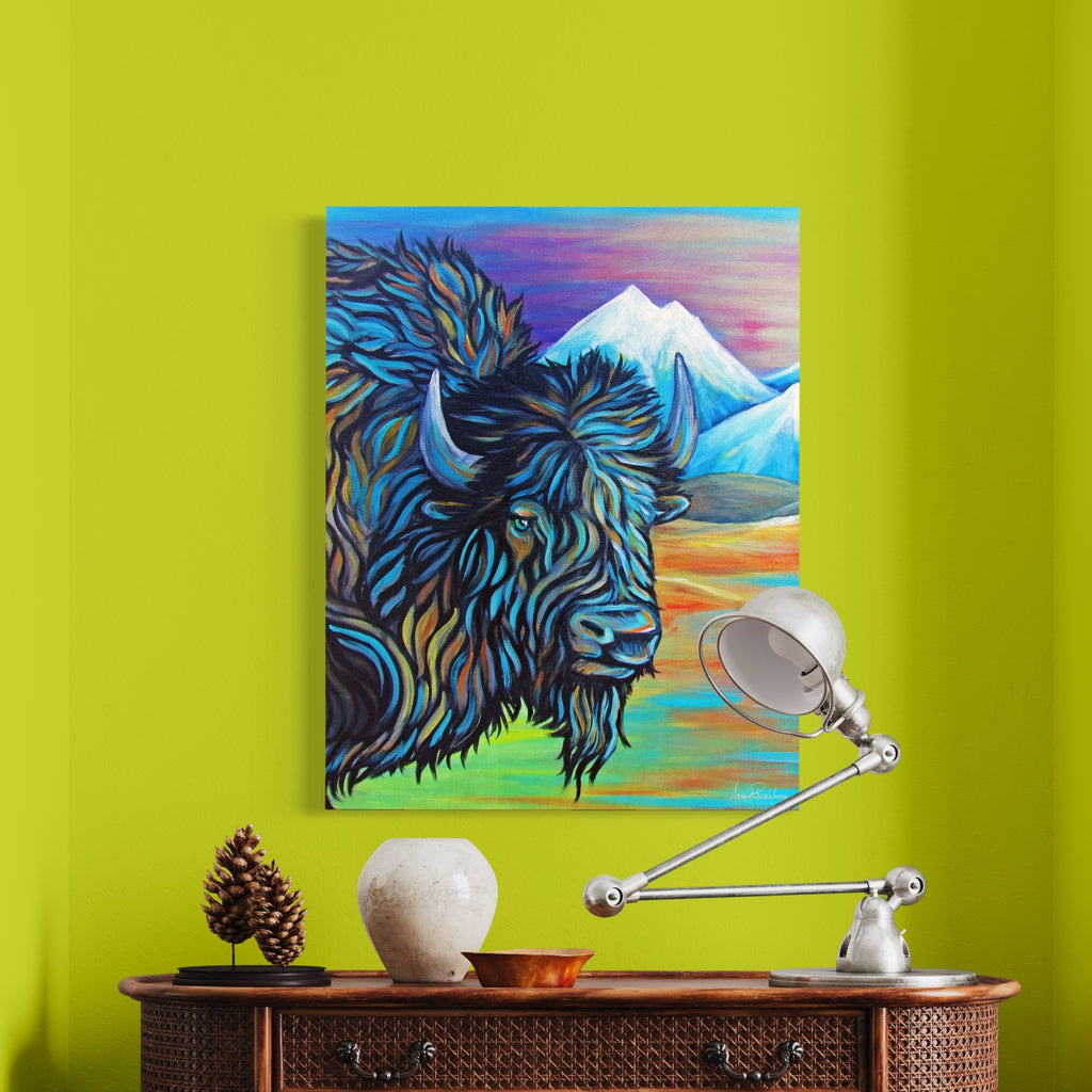 Colorful painting of a bison on a green wall above a wooden cabinet with decorative items.