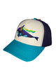 Whale Tunes kids trucker hat featuring Alaska whale and ocean-inspired design, adjustable mesh cap with playful marine artwork